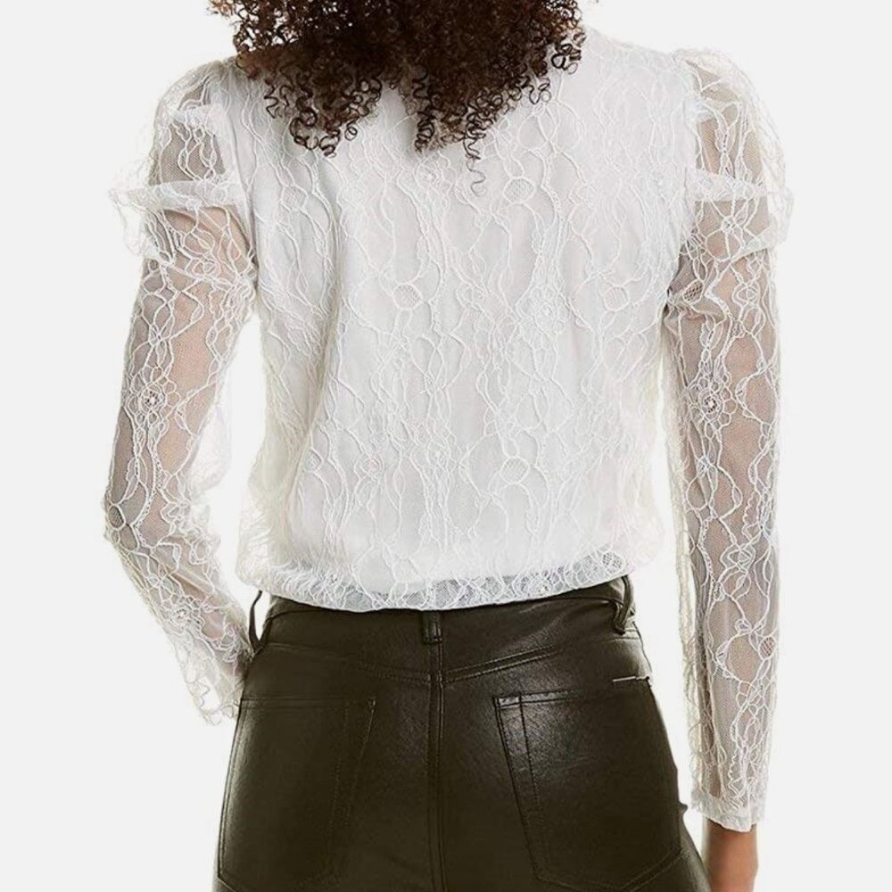 New WAYF Sheer White Lace Long Puff Sleeve Bodysuit - Picture 2 of 7